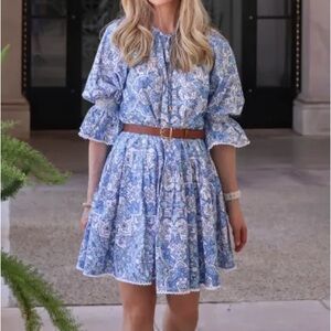 Cartolina Nantucket Blue Floral Cotton Poplin Eyelet Trim Mini Dress Small
